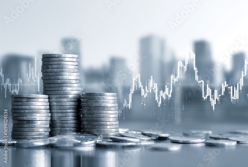 Silver coins stacked against blurred city skyline backdrop with financial chart overlay in grayscale