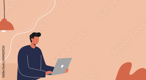 Minimalist illustration of a man focused on his laptop in a modern setting, ideal for concepts of remote work, online learning, and digital lifestyle.