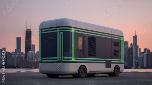 Futuristic Mobility Vehicle Showcased Against Urban Skyline at Sunset