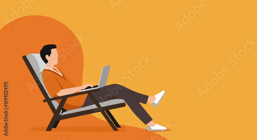 Man relaxes in a lounge chair using a laptop, embodying remote work flexibility and work-life balance. Perfect for business, travel, and modern lifestyle concepts.
