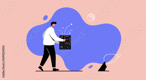 Man analyzing digital data and charts on a screen, representing business intelligence, analytics, and technological innovation. Ideal for corporate, finance, or strategy themes.