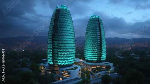 Futuristic Vertical Buildings with Carbon Elements in a High-Fidelity Night Context
