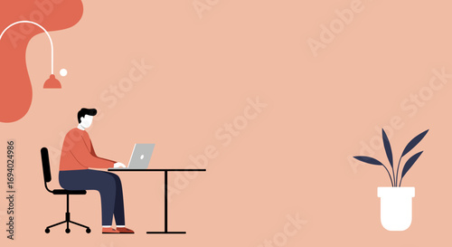 Focused man working on laptop at a minimalist desk in a home or office setting, ideal for concepts of remote work, productivity, and modern business.