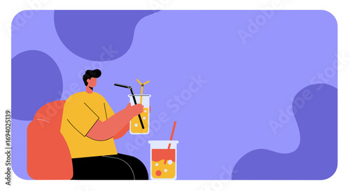 Man relaxing on a couch, enjoying a refreshing drink. Ideal for leisure, summer refreshment, and casual lifestyle content.