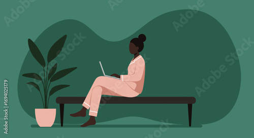 Woman in pajamas working comfortably on a laptop from home. Depicts remote work, flexibility, and a relaxed lifestyle. Ideal for business, technology, or lifestyle concepts.