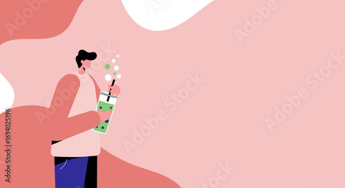 Modern illustration of a person enjoying a refreshing green drink with bubbles. Perfect for promoting healthy beverages, cafes, or a relaxed lifestyle.