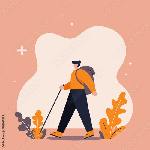 An adventurous person hikes outdoors with a backpack and walking stick. This vibrant illustration represents travel, exploration, and an active, healthy lifestyle.