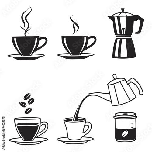 Foto Coffee cups mugs and coffee maker icons silhouette
