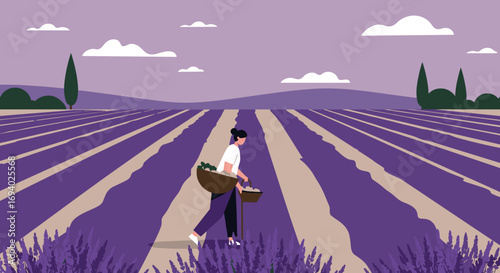 A woman walks through a vibrant lavender field, harvesting crops under a serene sky. Captures the essence of rural farming and natural beauty, ideal for travel or organic lifestyle concepts.