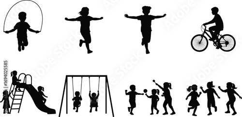 Children playing in park silhouette set, kids jumping rope, cycling, sliding, swinging, running, dancing, outdoor fun vector illustrationChildren playing in park 