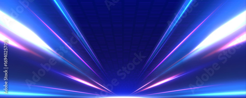 Panoramic high-speed technology concept with abstract light trails and glowing neon colors in blue, yellow, and orange, representing the rapid motion and energy in a futuristic environment.	