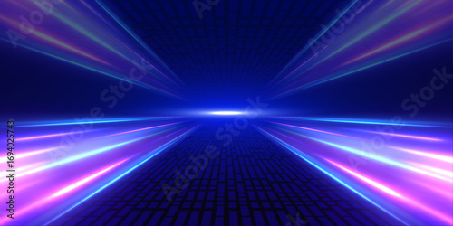 Vector speed of light in space on dark background. Abstract background in blue, yellow and orange neon colors. Magic of moving fast lines. Laser beams, horizontal light rays. Particle motion effect.	