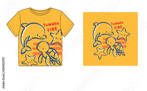 Trendy Kids T Shirt Print with Sea Animals Sketch, Dolphin, Turtle Vector Illustration Hand Drawn