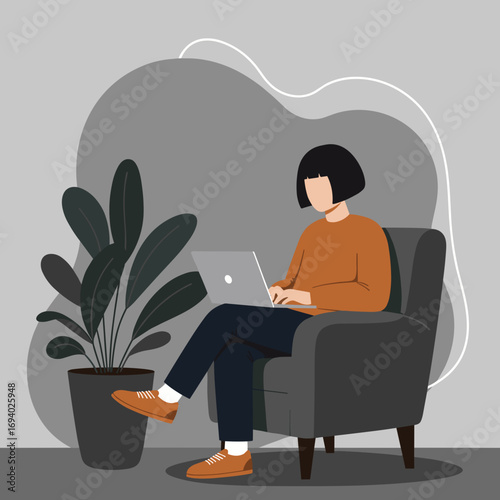 A focused woman works remotely on her laptop from a comfortable armchair at home, embodying productivity, modern lifestyle, and flexible work. Perfect for business, education, or freelance themes.