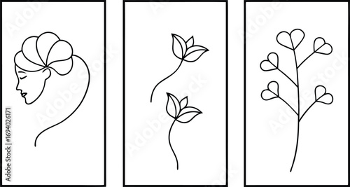 Three minimalist botanical line art illustrations isolated on white background