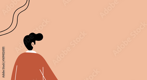 Minimalist illustration of a person from behind, looking forward with vast peach background. Represents contemplation, future, new opportunities, great for copy space.