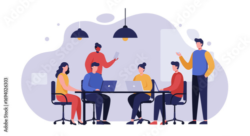 Diverse team collaborating in a modern office meeting, discussing ideas and working on laptops. Ideal for business, technology, and teamwork concepts.