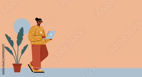 Stylized person working remotely on a laptop, embodying modern productivity, flexible work, and digital lifestyle. Ideal for business, education, or technology concepts.