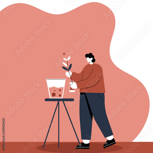An illustration depicts a person tending to an indoor plant, symbolizing home gardening, growth, and a mindful lifestyle. Ideal for wellness and nature-themed content.