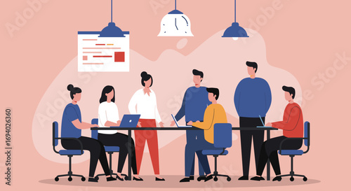 Diverse business team collaborating in a modern office meeting, discussing strategies and ideas. Ideal for corporate culture and teamwork concepts.