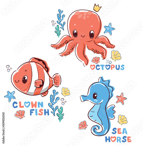 Hand Drawn Cute octopus and clownfish, seahorse, sea friends, kids marine Vector Illustration