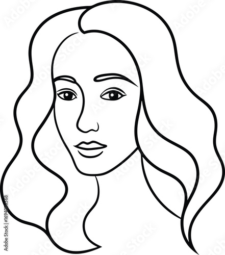 Illustration of a womans face with long wavy hair isolated on white background