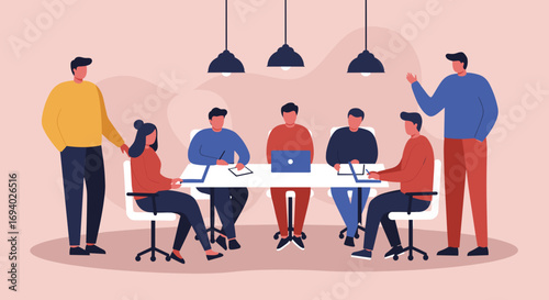 Diverse business team collaborating in a modern office meeting. Professionals discuss new strategies, ideas, and projects, fostering teamwork and productivity in a corporate setting.