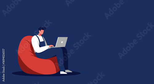 Young man working or studying remotely on a laptop while comfortably seated on a red bean bag, illustrating modern flexible lifestyle and productivity.