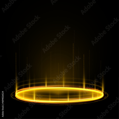 Yellow beams of light rise from a circular platform, simulating the process of teleportation. Sparks and glow add a magical and futuristic touch. Perfect for fantasy and sci-fi scenes.	