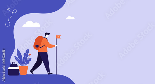 A stylized traveler with a backpack and flag, symbolizing a journey, goal achievement, or new adventure. Ideal for travel, business, or lifestyle concepts.
