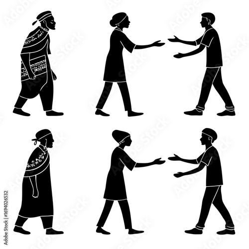 Figures in traditional and modern attire interacting silhouette people