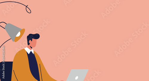 Professional man working diligently on his laptop at a desk with a lamp. Ideal for business, remote work, online learning, and productivity concepts.