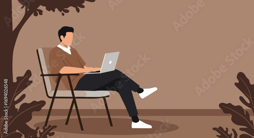 Professional man working remotely on a laptop in a serene outdoor setting, illustrating a flexible work lifestyle and modern productivity.