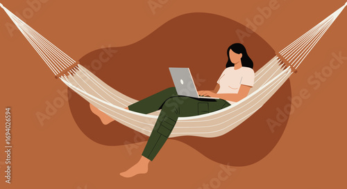 Woman working on a laptop from a comfortable hammock, illustrating remote work, flexible lifestyle, and digital nomad concepts. Perfect for business and leisure themes.