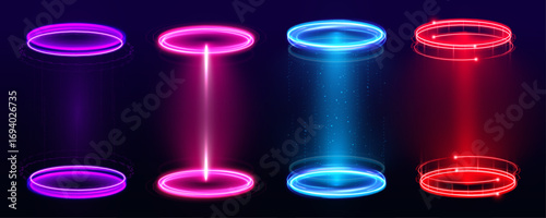 A realistic light effect podium with a holographic glow is centered on a black backdrop. Designed for product display or sci-fi teleportation themes. Clean and minimal futuristic style.	