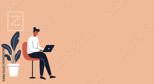 Minimalist illustration of a person working remotely on a laptop, emphasizing productivity and modern lifestyle. Ideal for business, technology, or education themes.