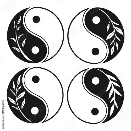 Four abstract yin yang symbols with branches black and white