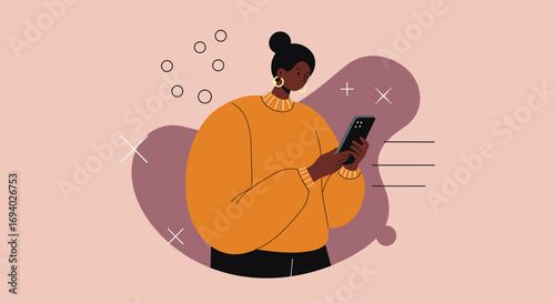 Modern Black woman uses smartphone for social media, online communication, or browsing content. Ideal for technology, lifestyle, and digital marketing concepts.