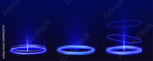 Realistic beam stage for teleportation with glowing light effects and shining particles. Looks like a magical podium ready for character transformation. Dark background enhances contrast.	