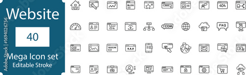 Website mega icon set with 40 editable stroke icons, isolated on transparent background, representing various web and digital concepts for design and development