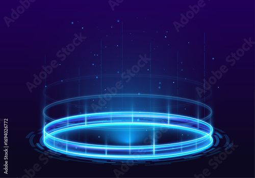 A glowing vertical portal with bright blue energy beams and neon rings creates a sci-fi teleportation effect. Ideal for gaming or futuristic UI. Realistic digital aura on black background.	