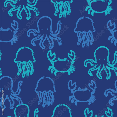 Hand Drawn Seamless octopus crab jellyfish pattern on blue background Vector Illustration Design for fabric, textile, fashion, wrapping and all prints