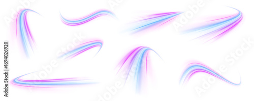 Set of neon speed lines on transparent background PNG. Vector set of lines with a swirl effect on an isolated background in PNG format.
