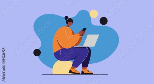 Person multitasking with a laptop and smartphone, illustrating remote work, online learning, or digital communication. Modern concept for technology, business, and lifestyle.