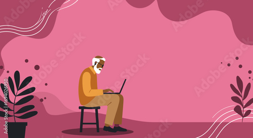 Senior man using a laptop, representing digital literacy, online learning, remote work, or modern independent lifestyle. Vibrant illustration.
