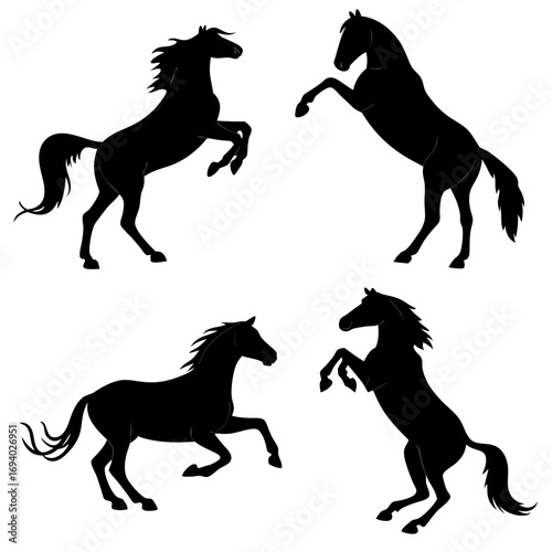 Four black horse silhouettes in dynamic poses rearing prancing