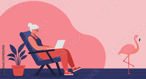 A modern senior woman uses her laptop in a relaxed setting with a flamingo, ideal for depicting remote work, digital literacy, and leisure.