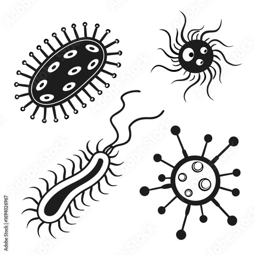 Four black microscopic organisms with appendages bacteria virus