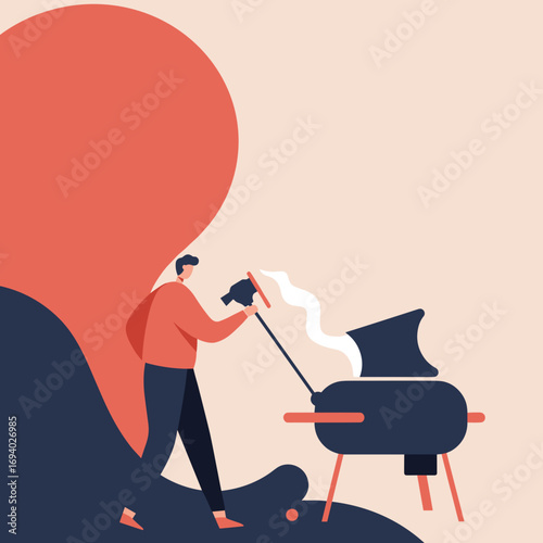 Man enjoying outdoor grilling, cooking food on a barbecue. Perfect for summer lifestyle, social gatherings, and casual dining concepts.