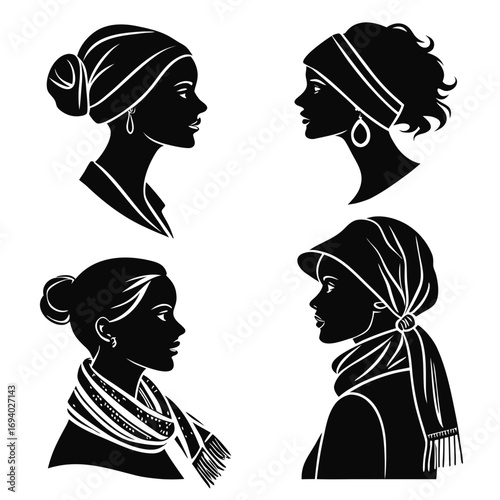 Four female profiles wearing headscarves and scarves silhouette headscarf